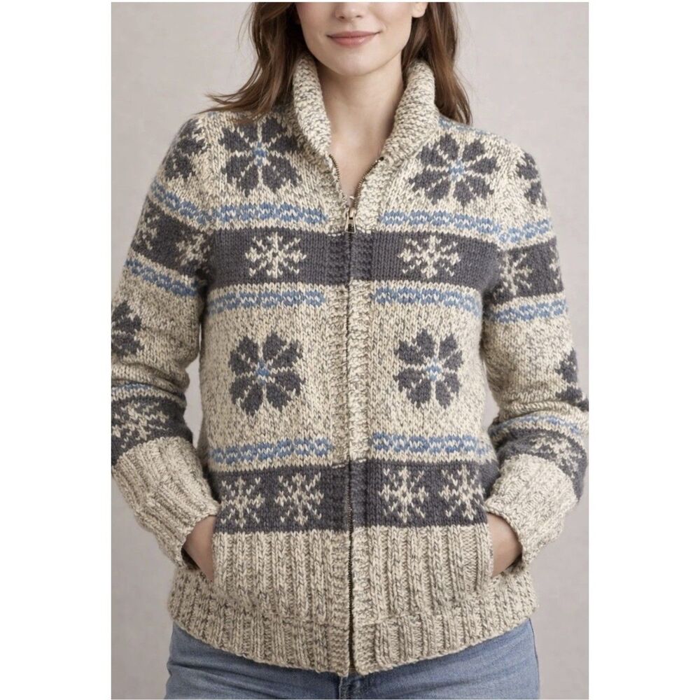 Vtg. Handmade Wool Fair Isle Cardigan Sweater Cottage Heavy Sz. S Zip Gray Blue